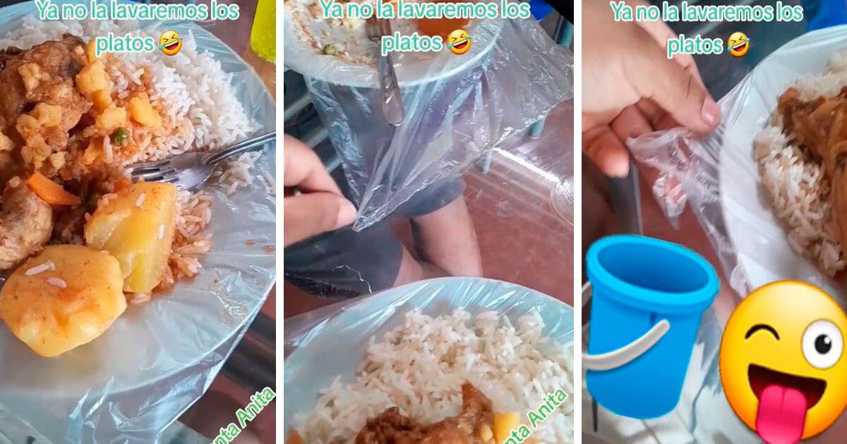 Peruana coloca bolsas encima de su plato para no ensuciarlos durante el corte de agua