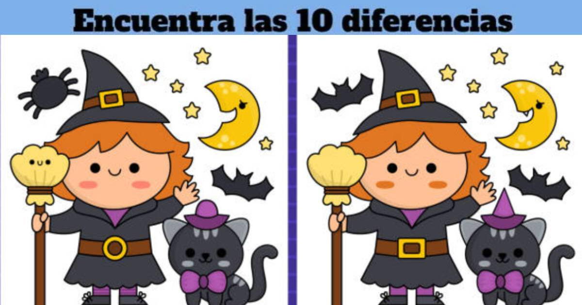 Ayuda a la brujita a encontrar las 10 diferencias antes de que sea Halloween