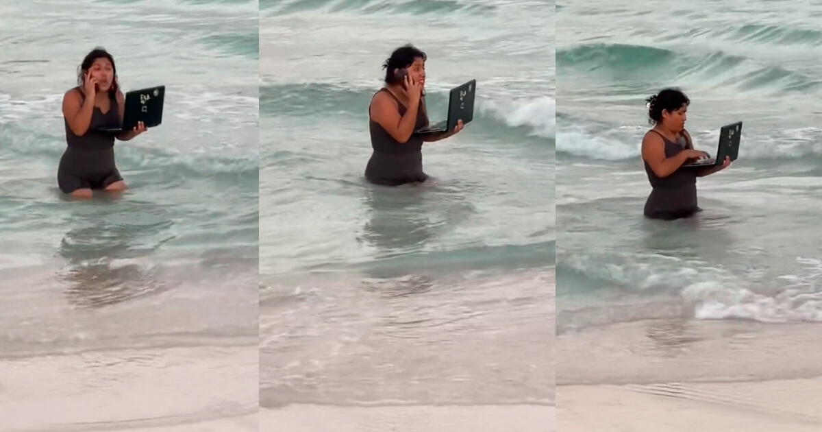 Mujer ingresa al mar con su laptop y hace videollamada: 