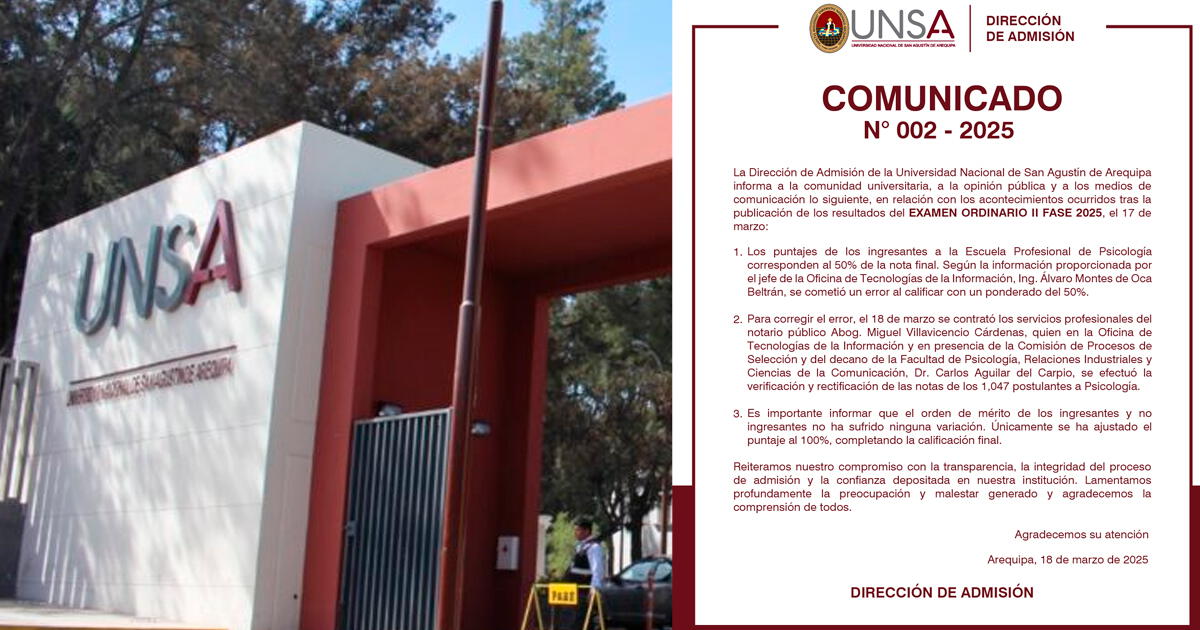 UNSA lanza comunicado y admite ERROR en puntajes del examen de admisión: ¿qué carrera afectó?