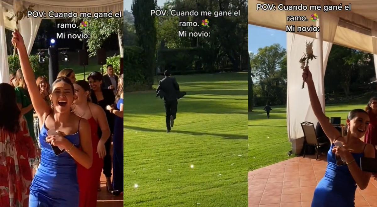 Joven atrapó el ramo de una novia y su enamorado huye de la boda - VIDEO