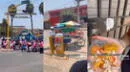 Italiano en Puente Piedra come ceviche de pota en carretilla mientras mira protesta