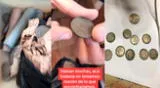 Un joven mostró la cantidad de monedas que encontró de su abuelo.