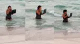 Una mujer se volvió viral en TikTok luego de ser captada ingresando al mar con su laptop y celular.