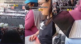 Fue a ver a Daddy Yankee y a la par trabajó desde su laptop sentada en la tribuna - VIDEO