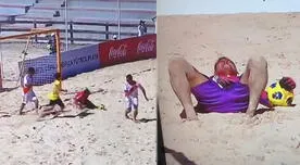 ¡Doloroso! Arquero peruano hace curiosa tapada con sus genitales en fútbol playa