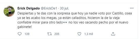 Erick Delgado envía mensaje a todos los que votaron por Pedro Castillo. Foto: Twitter  