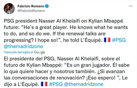 Declaraciones del presidente del PSG sobre Kylian Mbappé.   