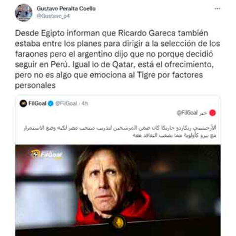 Ricardo Gareca recibe el interés de Egipto 