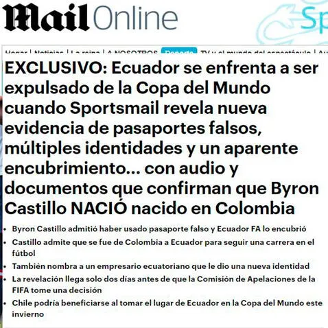 Medio "Daily Mail" reveló información de Byron Castillo. Medio "Daily Mail" reveló información de Byron Castillo.