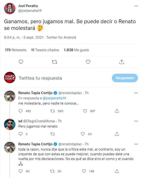 Respuesta de Renato Tapia a tweet de periodista.