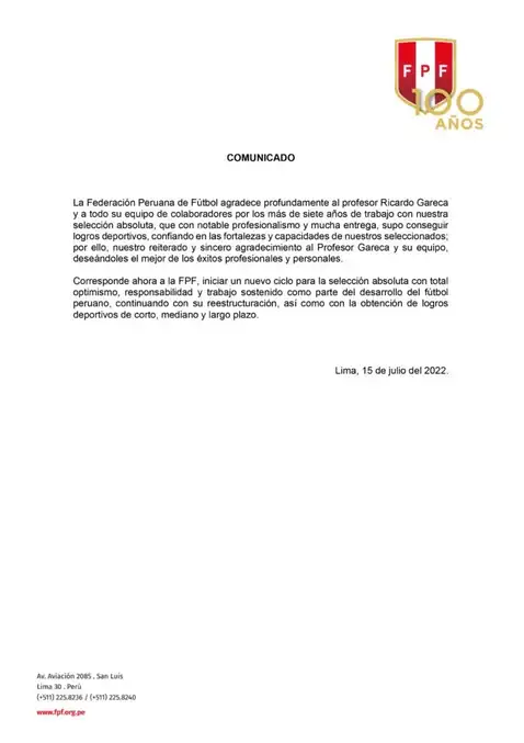 FPF comunicó salida de Ricardo Gareca  