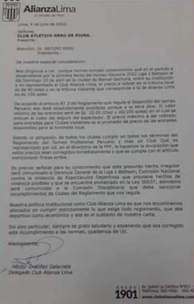 Reclamo de Alianza Lima contra Atlético Grau. Reclamo de Alianza Lima contra Atlético Grau.
