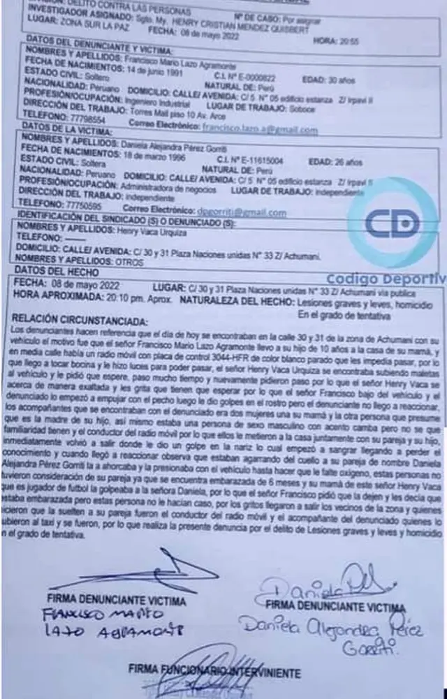 Denuncia por agresión y tentativa de homicidio hacia el futbolista Henry Vaca