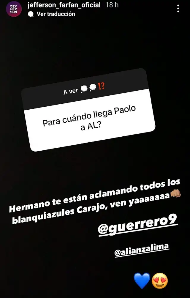 Farfán le pide a Paolo que vuelva a Alianza Lima. Captura: Instagram   