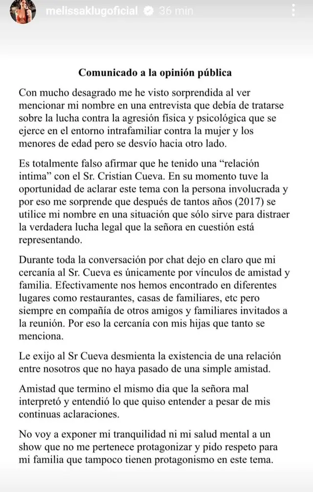 Melissa Klug desmiente relación con Cueva