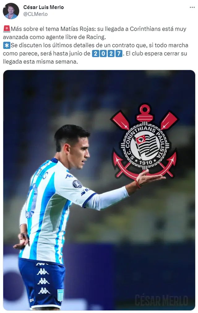 Corinthians va a la carga por el paraguayo Matías Rojas.