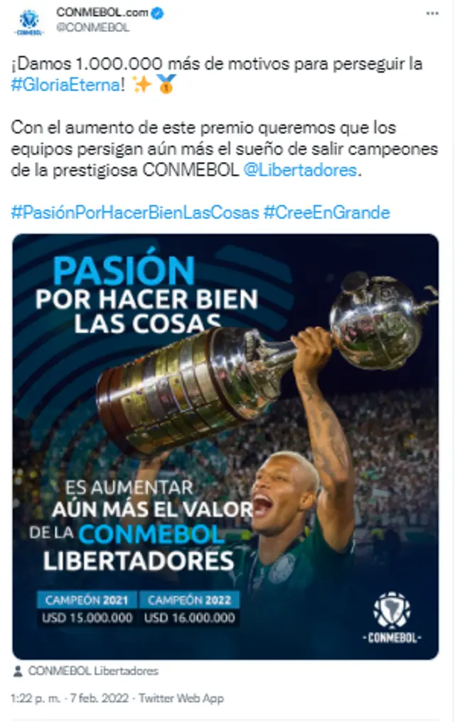 CONMEBOL aumentó premio al campeón.