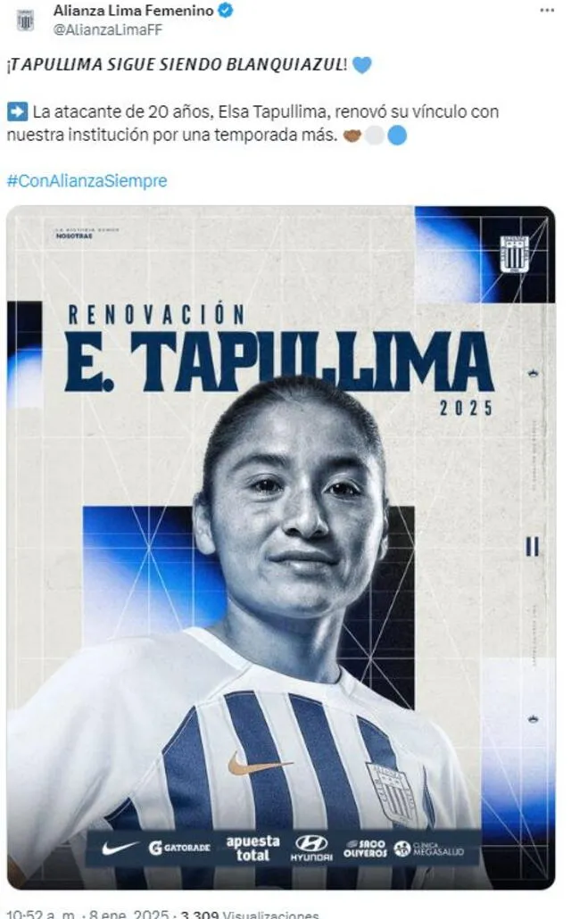 Elsa Tapullima seguirá en Alianza Lima. Elsa Tapullima seguirá en Alianza Lima.