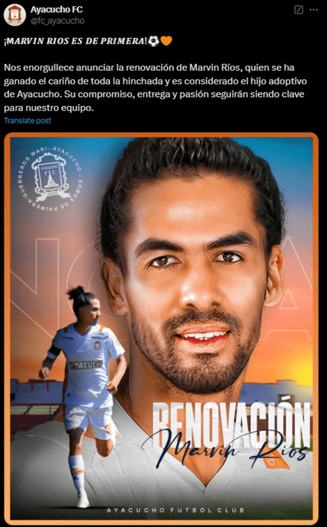 Marvin Ríos renovó con Ayacucho FC.