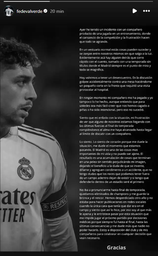 Escribió Fede Valverde mediante sus redes sociales
