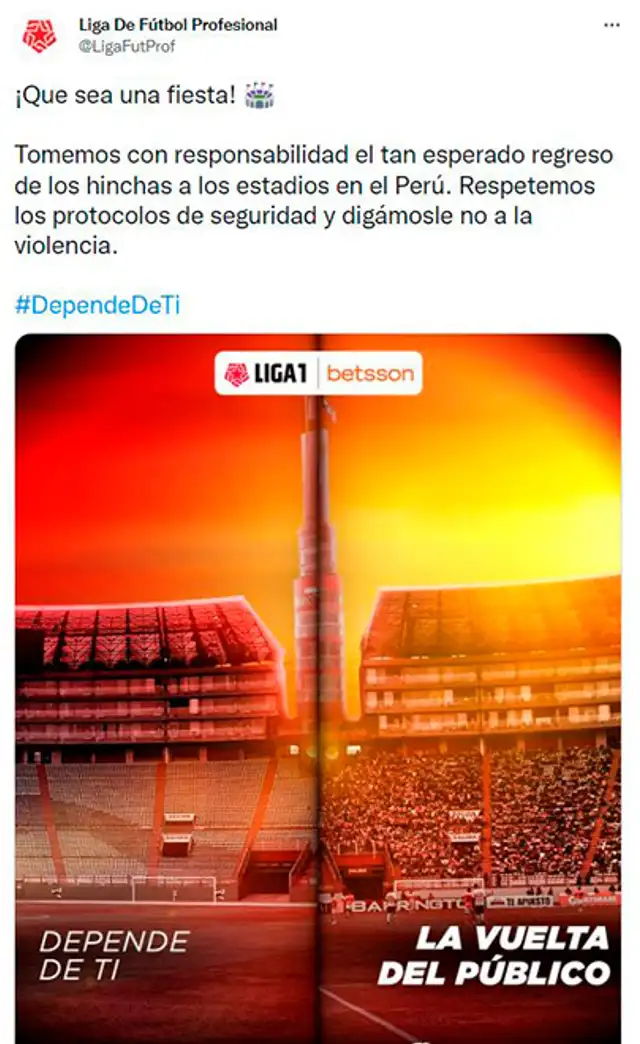 Mensaje de la Liga 1 tras anunciarse la presencia de hinchas en el Nacional. Mensaje de la Liga 1 tras anunciarse la presencia de hinchas en el Nacional.