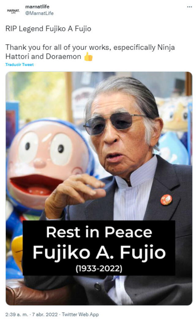 Fallece el cocreador de Doraemon, Fujiko Fujio A, a los 88 años / Foto: Twitter Fallece el cocreador de Doraemon, Fujiko Fujio A, a los 88 años / Foto: Twitter