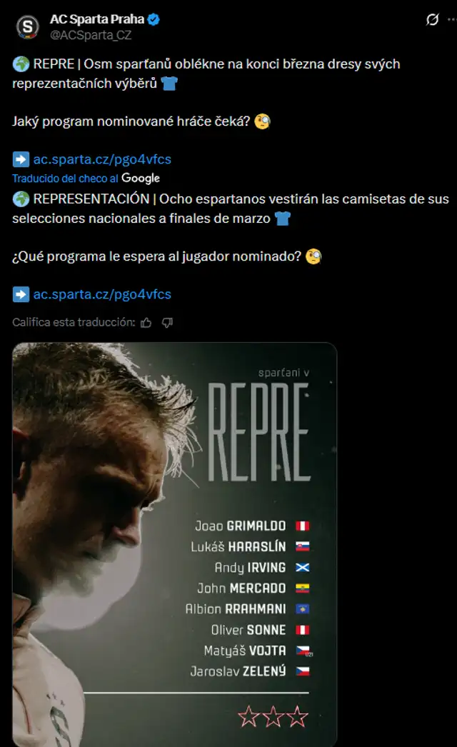 Sparta Praga anunció que Grimaldo fue seleccionado por Perú. Foto: X