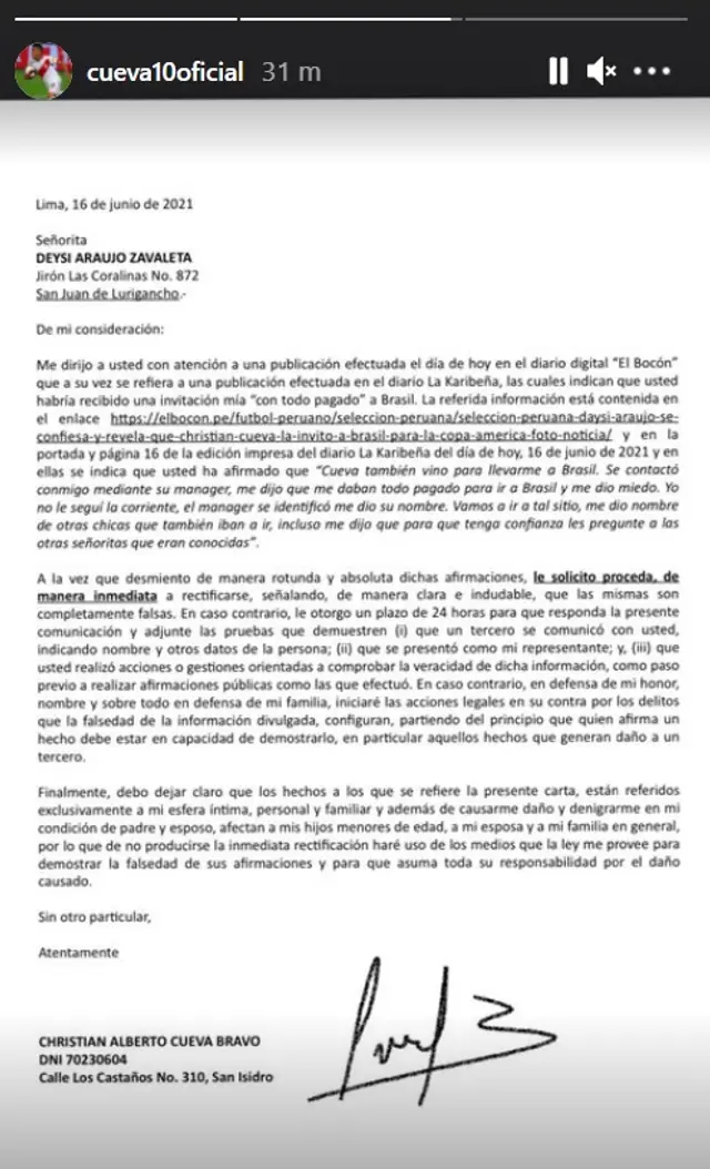 Mira la carta notarial que le envió Christian Cueva a Daisy Araujo - FOTO: Instagram   