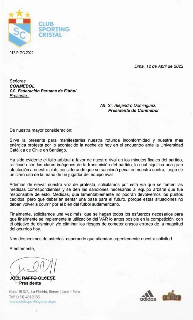 Comunicado de Sporting Cristal hacia CONMEBOL.