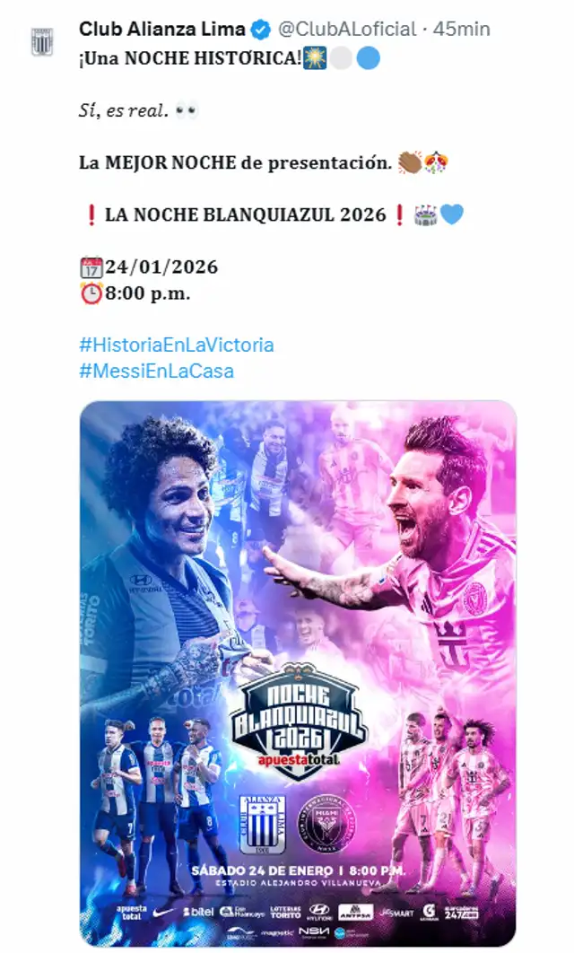 Alianza Lima enfrentará a Inter Miami en la Noche Blanquiazul Alianza Lima enfrentará a Inter Miami en la Noche Blanquiazul