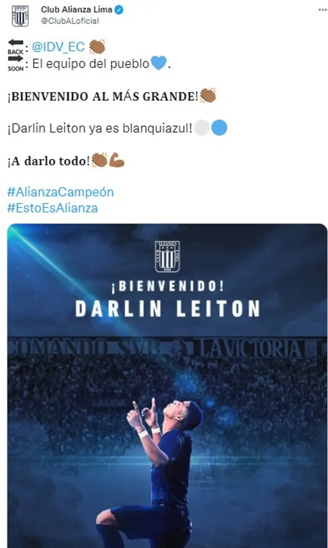 Alianza Lima a través de su Twitter le da la bienvenida a Darlin Leiton. Alianza Lima a través de su Twitter le da la bienvenida a Darlin Leiton.