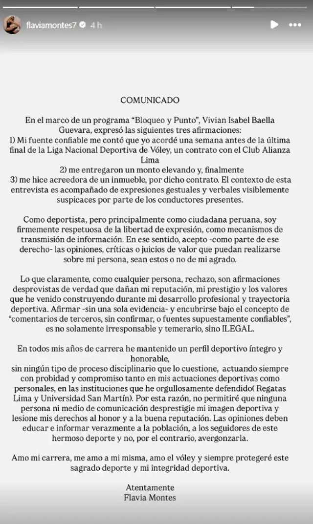 Comunicado de Flavia Montes