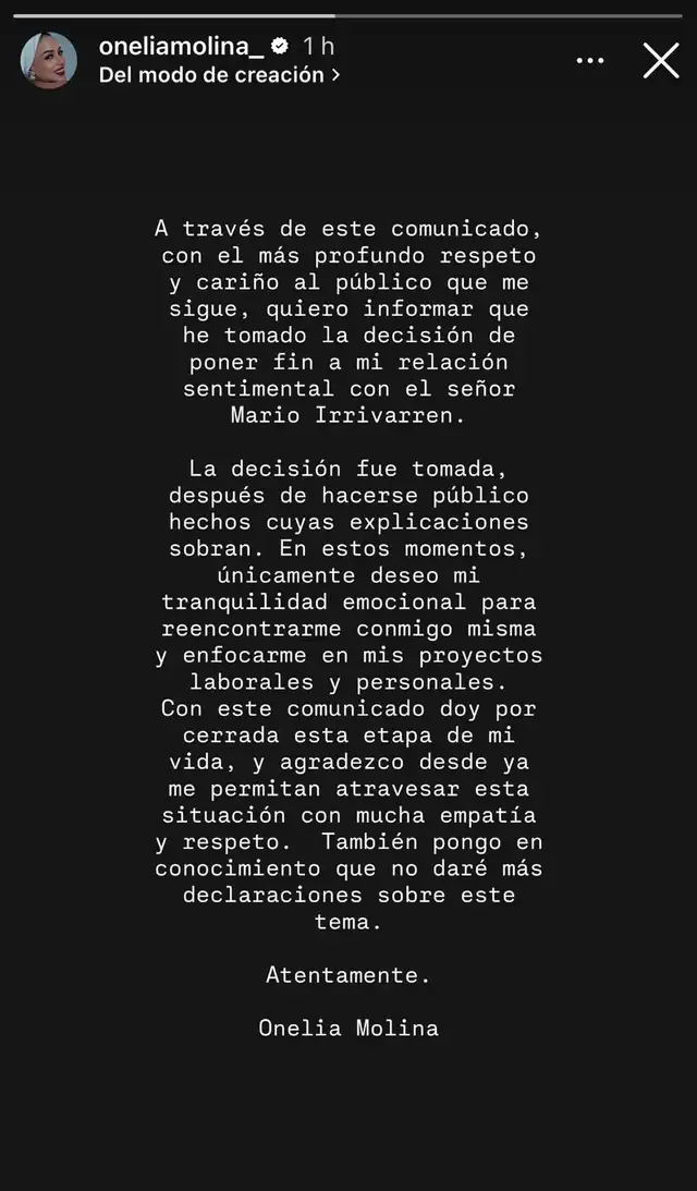 Onelia Molina terminó con Mario Irivarren tras ampay en Argentina.  