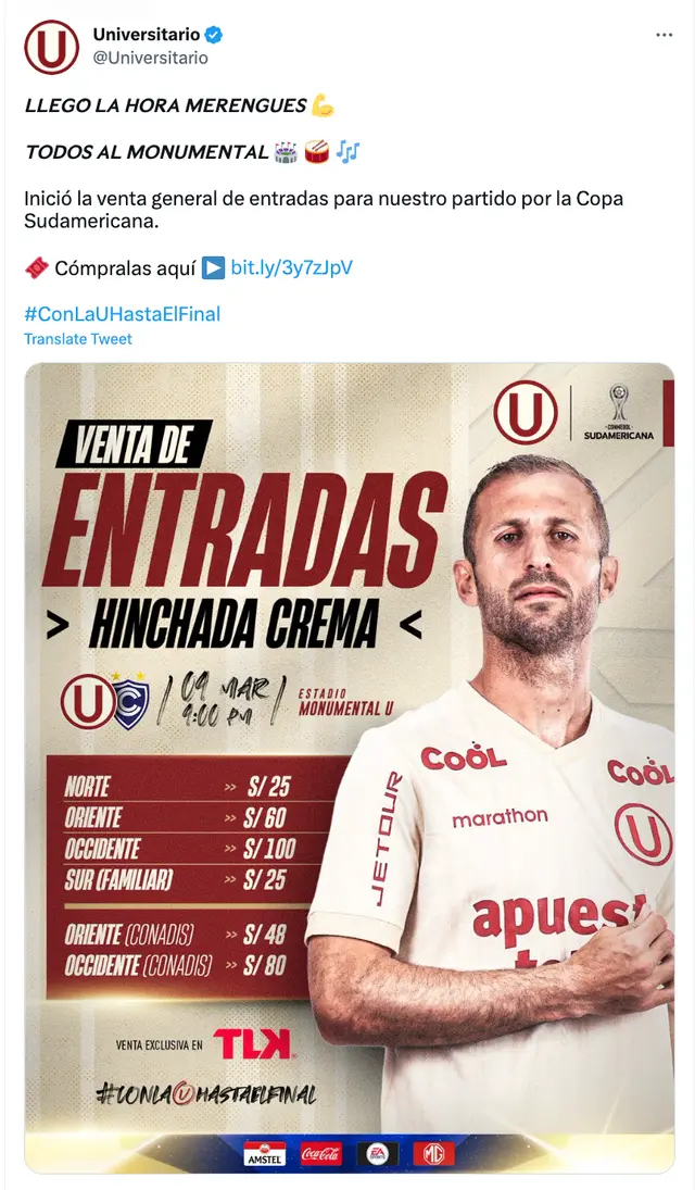 Precio de entradas para Universitario vs. Cienciano
