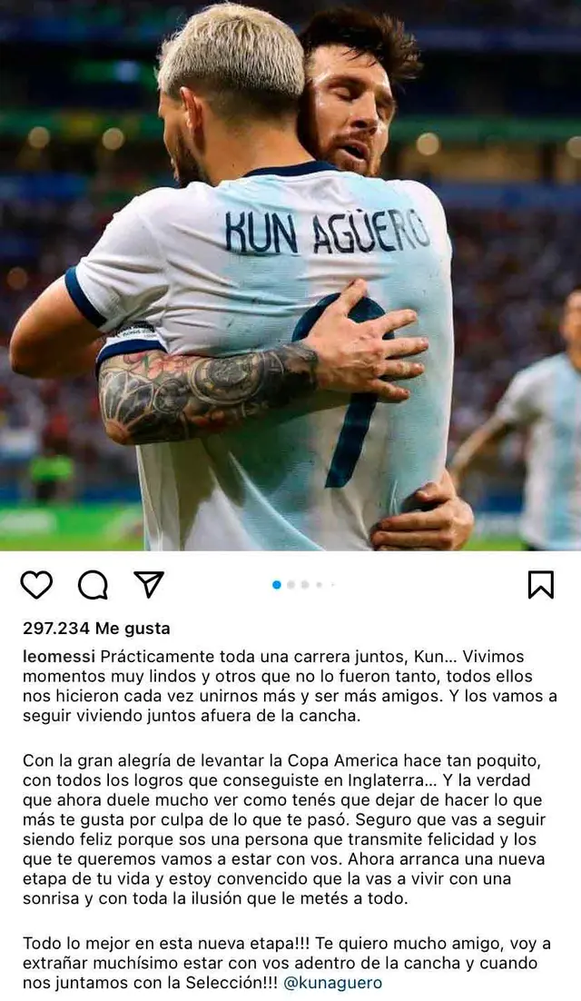 Messi y su mensaje vía Instagram al 'Kun' Agüero.   
