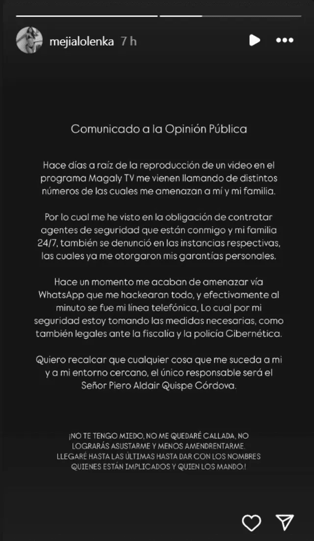 Olenka Mejía denuncia amenazas