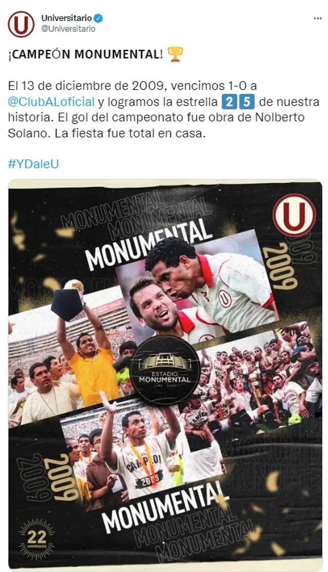 Tweet de Universitario por su título 25 en Perú. Tweet de Universitario por su título 25 en Perú.