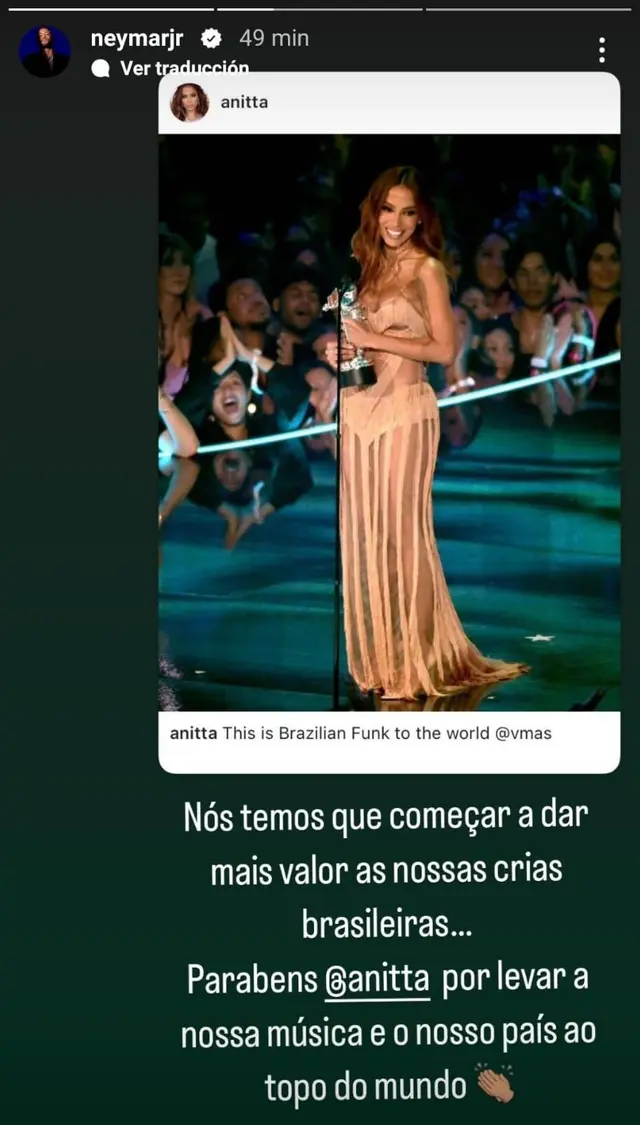 Neymar felicitó a Anitta por su premio en los VMA.   