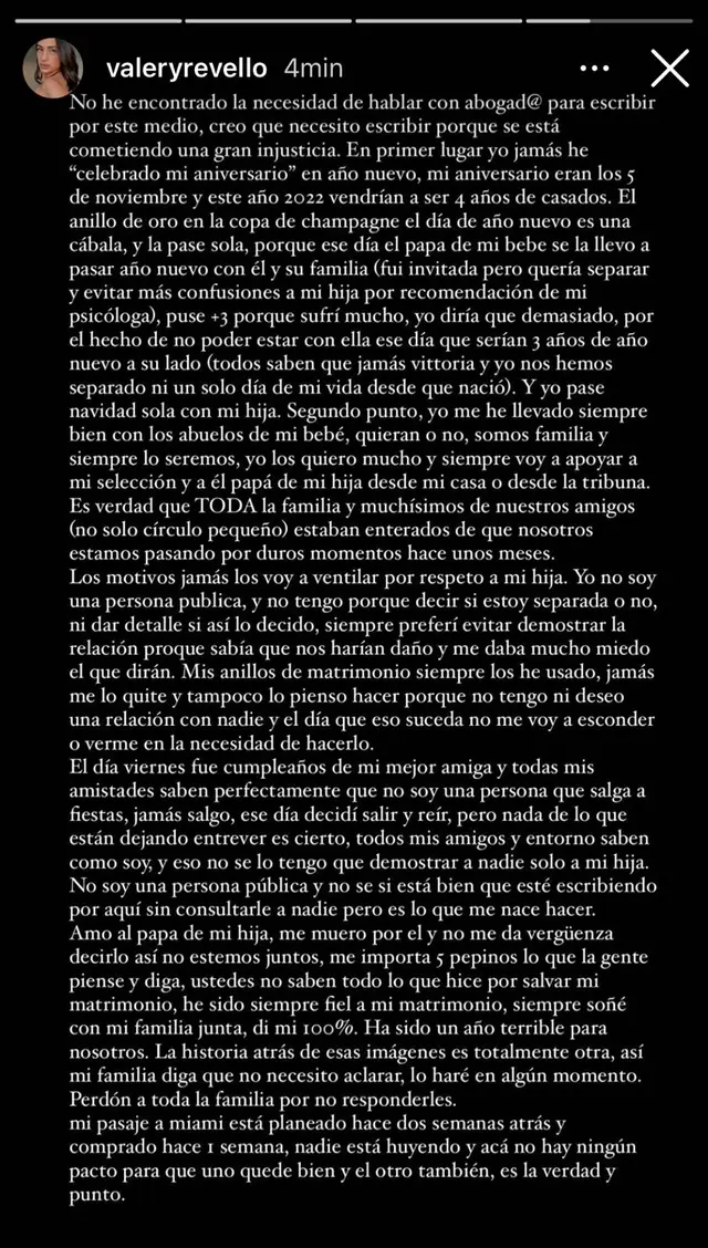 Comunicado de Valery Revello en Instagram Comunicado de Valery Revello en Instagram