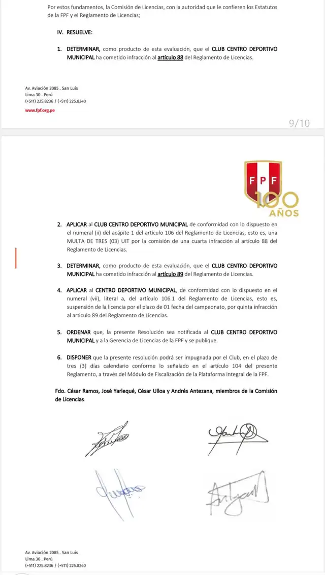 Resolución de la FPF contra Deportivo Municipal.
