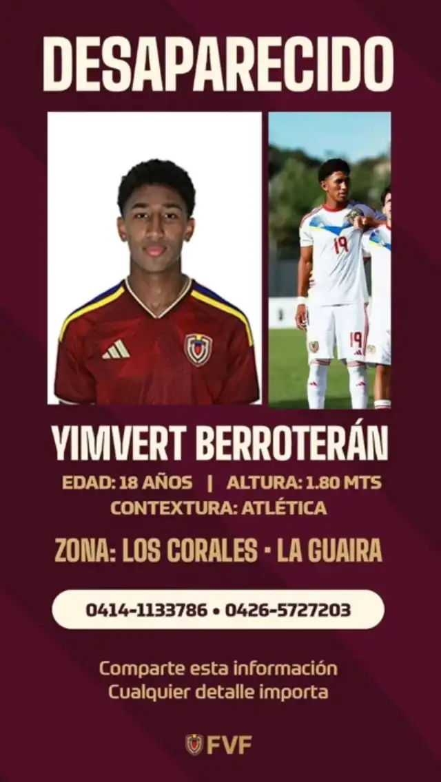 FVF confirmó la desaparición de Yimvert Berroterán