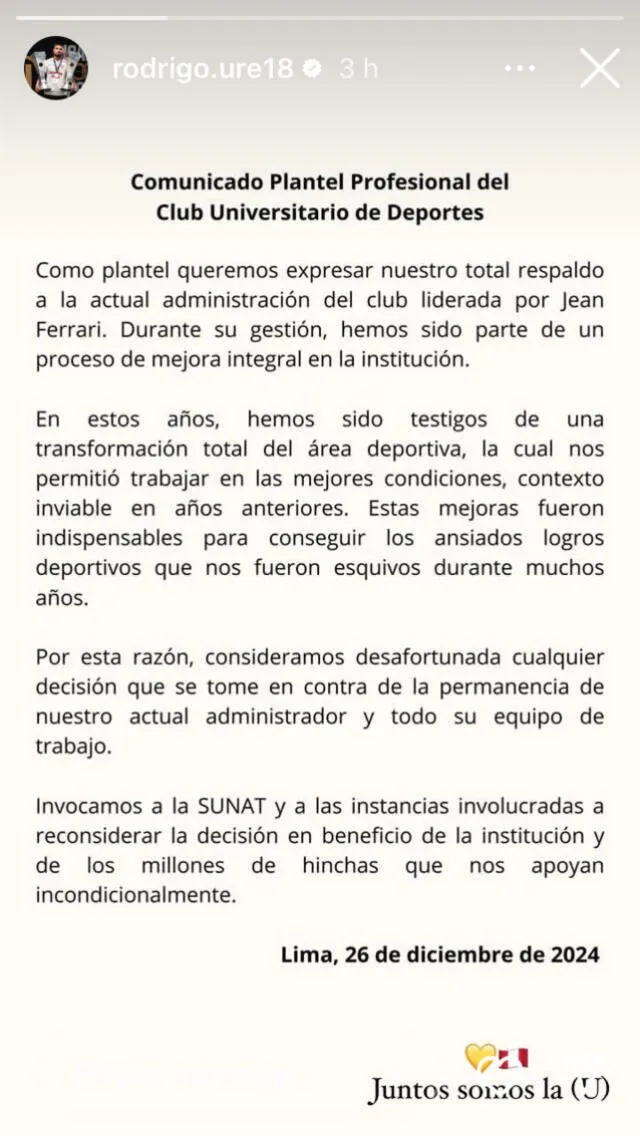 La publicación de Ureña sobre caso Jean Ferrari | Foto: Instagram Rodrigo Ureña    