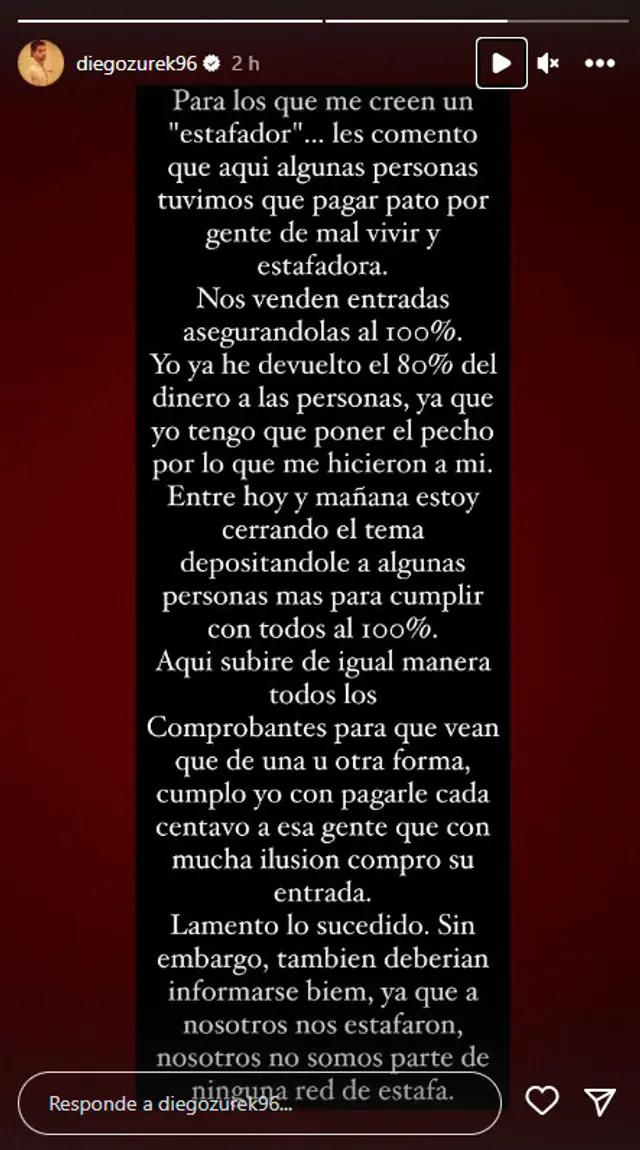 Comunicado de Diego Zurek tras acusaciones de estafa / Instagram   
