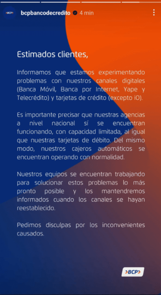  Comunicado de BCP sobre los problemas en Yape.   