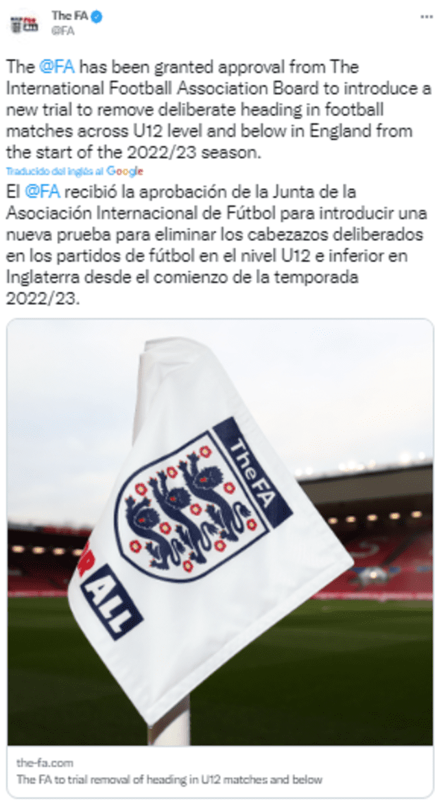The FA confirma la eliminación de cabezazos en Inglaterra.