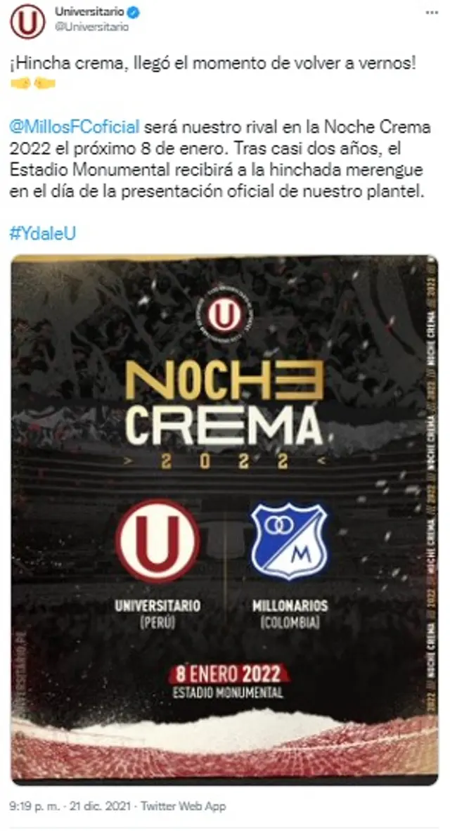 Universitario se enfrentará a Millonarios en Noche Crema.