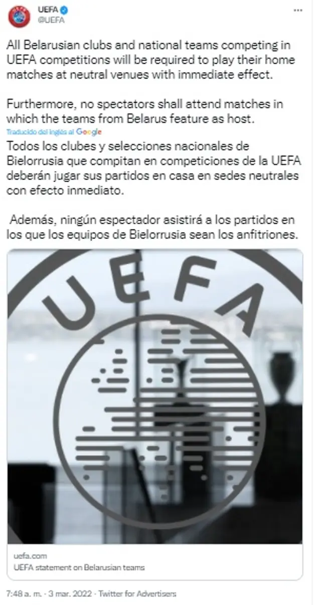 UEFA tomó medidas contra Bielorrusia.