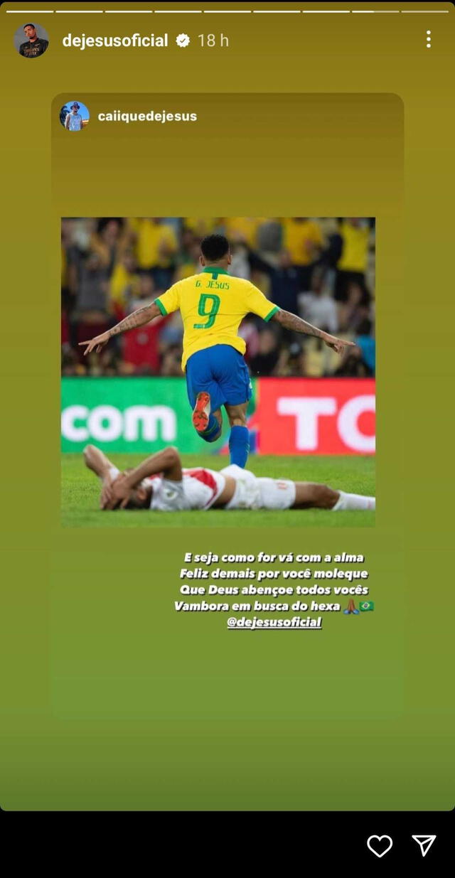 Gabriel Jesus celebra con post de Perú su llamado a Qatar 2022.   