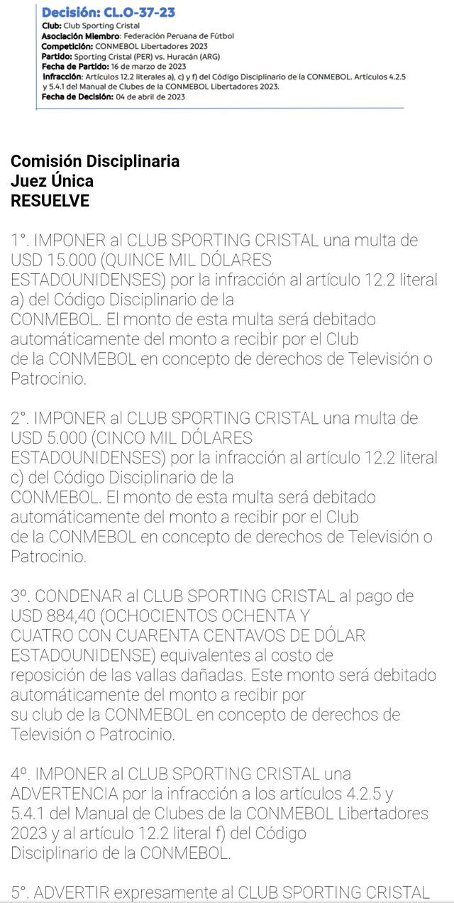 Conmebol multó con más de 20 mil dólares a Sporting Cristal.